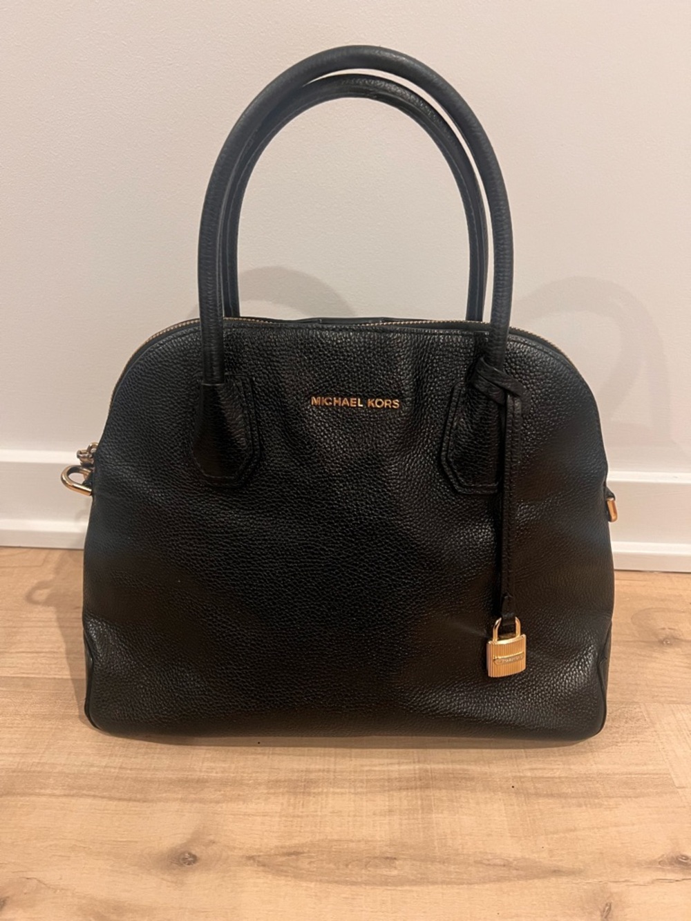 Michael Kors Black Pebble Leather Dome Satchel with Gold Accent